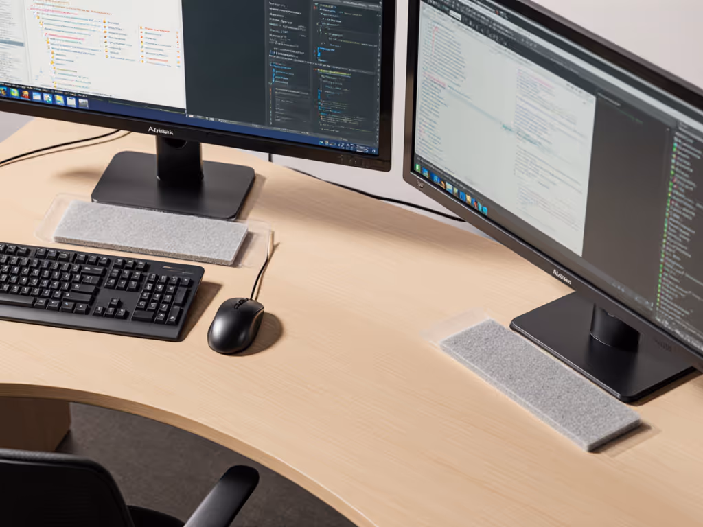 standing_desk_with_felt_pads_under_monitors_showing_vibration_reduction