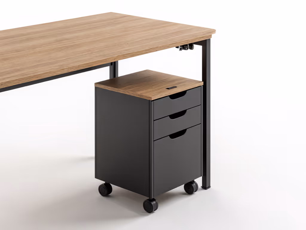 standing_desk_setup_with_mobile_mini_pedestal_tucked_neatly_below_showing_196_depth_clearance_and_lockable_casters